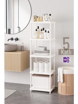 Mowo Home 5 Katlı Beyaz 40X33 Plastik Banyo Raf Sistemi, Mutfak Rafı, Kiler, Kitaplık Çok Amaçlı Düzenleyici