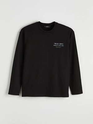 LC Waikiki Siyah Bisiklet Yaka Nyc Baskılı Erkek Sweatshirt