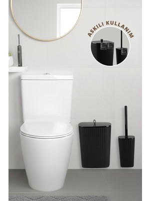 Okyanus Home Safir Yapışkanlı Wc Fırçalık ve Çöp Kovası Seti Siyah 2'li Banyo Seti
