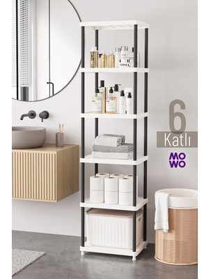 Mowo Home 6 Katlı Beyaz-Siyah Bacak 40X33 Plastik Banyo Raf Sistemi, Mutfak Rafı Kiler, Çok Amaçlı Düzenleyici