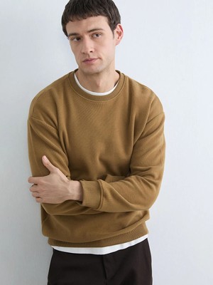 LC Waikiki Kahverengi Bisiklet Yaka Erkek Sweatshirt