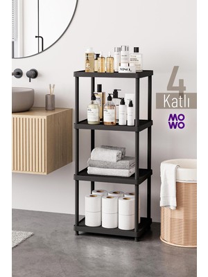 Mowo Home 4 Katlı Siyah 40X33 Plastik Banyo Raf Sistemi, Mutfak Rafı, Kiler, Kitaplık Çok Amaçlı Düzenleyici
