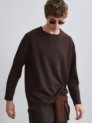 LC Waikiki Kahverengi Bisiklet Yaka Erkek Sweatshirt