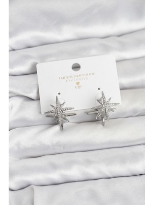 Prativas Gümüş Renk Pirinç Çift Taraflı Kutup Yıldızı Kadın Küpe – PRT3500EB09868