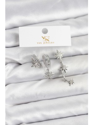 Prativas Pirinç Gümüş Renk Zirkon Taşlı Kutup Yıldızı Model Ysx Trio Küpe Seti – PRT3500EB09932