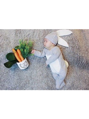 Miniropa Gri Renk Bebek Tavşan Ponponlu Tavşan Kulaklı Tulum Bebek Hediyesi Bebek Fotoğtaf Çekimi Ürünü