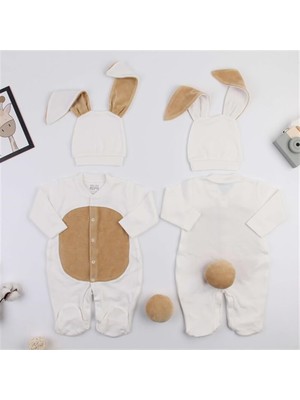Miniropa Ekru Renk Bebek Tavşan Ponponlu Tavşan Kulaklı Tulum Bebek Hediyesi Bebek Fotoğtaf Çekimi Ürünü