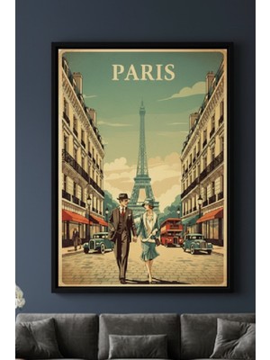 Safir Design Retro Romantizm Paris Sokaklarında El Ele Bir Çift Temalı Çerçeveli Tablo