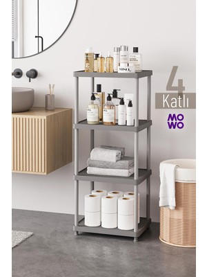 Mowo Home 4 Katlı Gri 40X33 Plastik Banyo Raf Sistemi, Mutfak Rafı, Kiler, Kitaplık Çok Amaçlı Düzenleyici