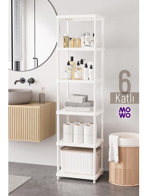 Mowo Home 6 Katlı Beyaz 40X33 Plastik Banyo Raf Sistemi, Mutfak Rafı, Kiler, Kitaplık Çok Amaçlı Düzenleyici