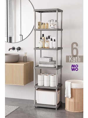 Mowo Home 6 Katlı Gri 40X33 Plastik Banyo Raf Sistemi, Mutfak Rafı, Kiler, Kitaplık Çok Amaçlı Düzenleyici
