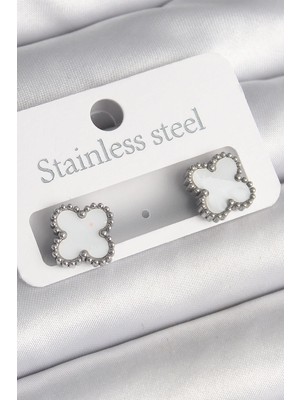 Prativas 316L Çelik Gümüş Renk Beyaz Yonca Model Kadın Küpe – PRT3500EB04014