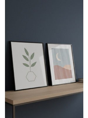 Safir Design Minimalist Esinti 2'li Botanik ve Ay Manzaralı Çerçeveli Tablo Seti