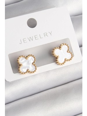 Prativas 316L Çelik Gold Renk Beyaz Minelik Yonca Model Kadın Küpe – PRT3500EB04011