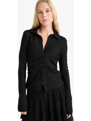 DeFacto Fitted Gömlek Yaka Bürümcük Uzun Kollu Gömlek F9284AX26SP