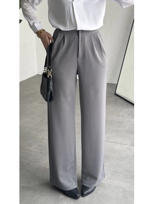 Asfa Moda Kadın Gri Yüksek Bel Pileli Jakarlı Pantolon Bol Paça Şık Ofis Palazzo