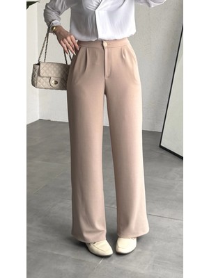 Asfa Moda Kadın Krem Yüksek Bel Pileli Jakarlı Pantolon Bol Paça Şık Ofis Palazzo