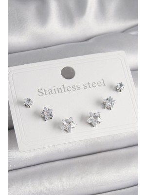 Prativas 316L Çelik Gümüş Renk Zirkon Taşlı Yıldız Model Kadın Küpe Seti – PRT3500EB03314