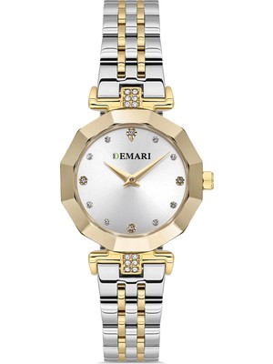 DEMARİ Demari Kadın Kol Saati Quartz Mekanizma, Gold & Gümüş Çelik Kordon, Taş Detaylı Gümüş Kadran, Çokgen Kasa DM-00103L-D1