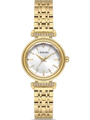 DEMARİ Demari Kadın Kol Saati Quartz Mekanizma, Gold Çelik Kordon, Taş Detaylı Beyaz Kadran, Yuvarlak Kasa DM-00111L-B1