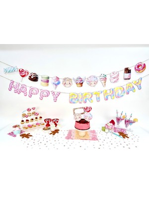Fluparty Cotton Candy - Pastel Şeker Temalı “Happy Birthday” Yazı Banner
