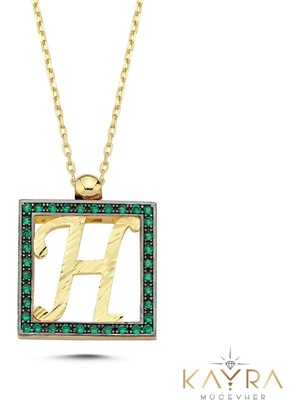 Kayra Mücevher H Harfi Yeşil Taşlı Altın Kolye TSR09
