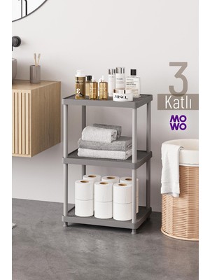 Mowo Home 3 Katlı Gri 40X33 Plastik Banyo Raf Sistemi, Mutfak Rafı, Kiler, Kitaplık Çok Amaçlı Düzenleyici