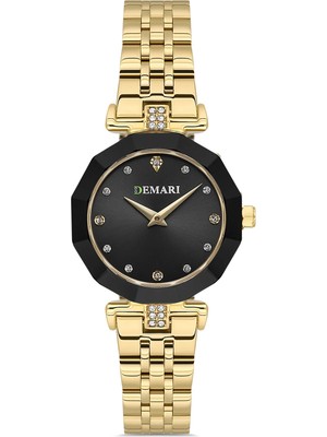 DEMARİ Demari Kadın Kol Saati Quartz Mekanizma, Gold Çelik Kordon, Taş Detaylı Siyah Kadran, Çokgen Kasa DM-00103L-B2