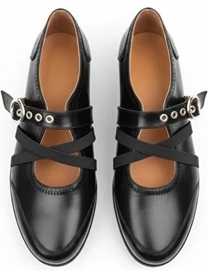 Ne&Ve Shoes Siyah Rugan Çapraz Lastikli Tokalı Kadın Günlük Şık ve Rahat Babet