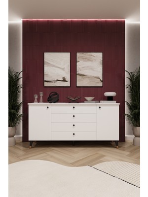 4 Çekmeceli Kapaklı Modern Konsol - Depolama Dolabı Şık Tv Ünitesi Salon ve Yemek Odası Knsl-04