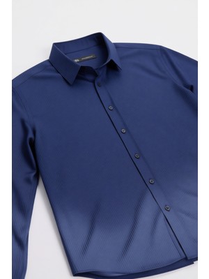 Tudors Lacivert Slim Fit Uzun Kollu Erkek Gömlek Günlük Kullanım İçin Kolay Ütü Pamuklu