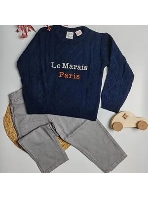 Moda Rüyası Paris Yazı Baskılı Lacivert Kazaklı Erkek Çocuk Alt Üst Takım