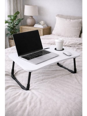 Hodbehod Taşınabilir Katlanır Koltuk Yatak Üstü Laptop Tablet Çalışma Masası ve Kahvaltı Sehpası Beyaz