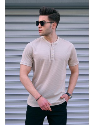 Madmext Bej Düğmeli Triko Erkek Tişört