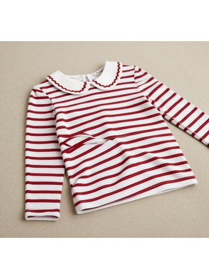 Panço Kız Çocuk Uzun Kol Kırmızı Beyaz Bebe Yakalı Tişört Pamuklu Günlük Stil Regular Fit