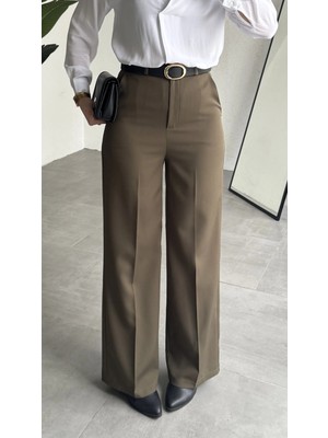 Asfa Moda Kadın Haki Tam Kalıp Bel Oturtmalı Geniş Paça Palazzo Pantolon