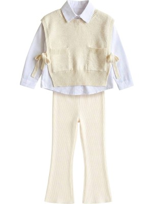 Butik Kız Çocuk Triko Süveterli Gömlek ve Fitilli Pantolon Takım – Krem