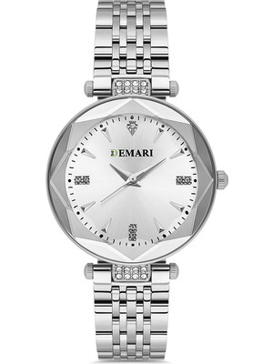 DEMARİ Demari Kadın Kol Saati Quartz Mekanizma, Gümüş Çelik Kordon, Taş Detaylı Gümüş Kadran DM-00104L-A1