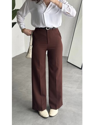 Asfa Moda Kadın Kiremit Tam Kalıp Bel Oturtmalı Geniş Paça Palazzo Pantolon