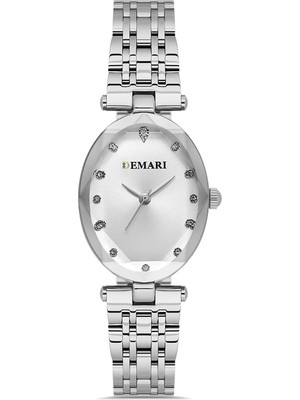 DEMARİ Demari Kadın Kol Saati Quartz Mekanizma, Gümüş Çelik Kordon, Taş Detaylı Gümüş Kadran, Oval Kasa DM-00105L-A1