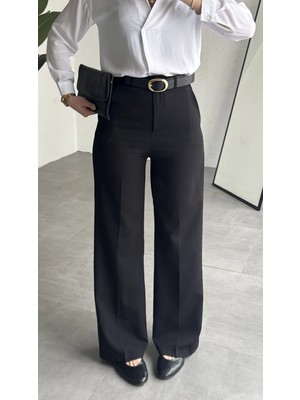 Asfa Moda Kadın Siyah Tam Kalıp Bel Oturtmalı Geniş Paça Palazzo Pantolon