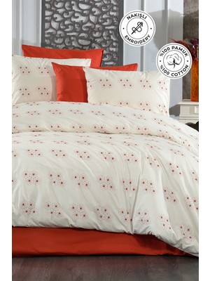 Evien Home Nakışlı %100 Pamuk Nevresim Takımı Çift Kişilik 3 Parça Lüks Kalite Çeyizlik Daisy Krem Turuncu
