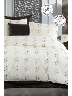 Evien Home Nakışlı %100 Pamuk Nevresim Takımı Çift Kişilik 3 Parça Lüks Kalite Çeyizlik Daisy Krem Antrasit