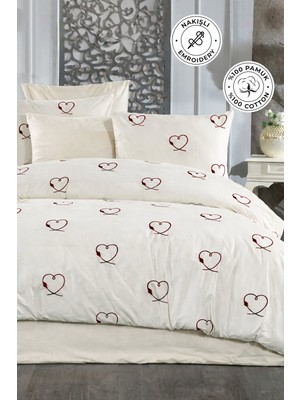 Evien Home Nakışlı %100 Pamuk Nevresim Takımı Çift Kişilik 3 Parça Lüks Kalite Çeyizlik Sofia Krem Kırmızı