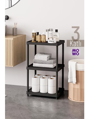 Mowo Home 3 Katlı Siyah 40X33 Plastik Banyo Raf Sistemi, Mutfak Rafı, Kiler, Kitaplık Çok Amaçlı Düzenleyici