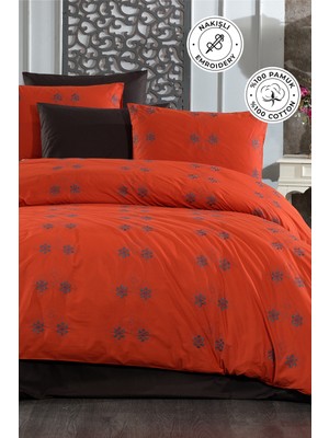 Evien Home Nakışlı %100 Pamuk Nevresim Takımı Çift Kişilik 3 Parça Lüks Kalite Çeyizlik Azra Turuncu