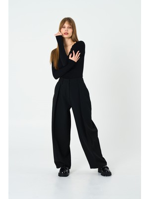 Thalure Kadın Siyah Derin Pileli Varil Pantolon