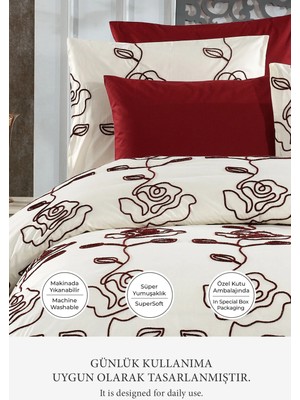 Evien Home Nakışlı %100 Pamuk Nevresim Takımı Çift Kişilik 3 Parça Lüks Kalite Çeyizlik Gül Krem Kırmızı