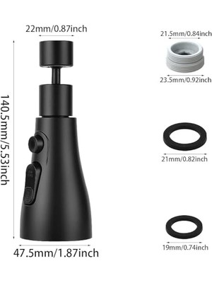 Musluk, Yedek Duş Başlığı, 360° Döndürülebilir, 3 Mod, Döndürülebilir Musluk, Başlık, Mutfak Armatürü, Adaptörlü, FM22 Mutfak Armatürü, Püskürtme Başlığı (Siyah)