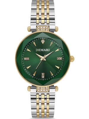 DEMARİ Demari Kadın Kol Saati Quartz Mekanizma, Gümüş & Gold Çelik Kordon, Taş Detaylı Yeşil Kadran DM-00104L-D10